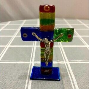Multi Rainbow Color Art Glass Cross Silver Tone Jesus Crucifix Religious Gift